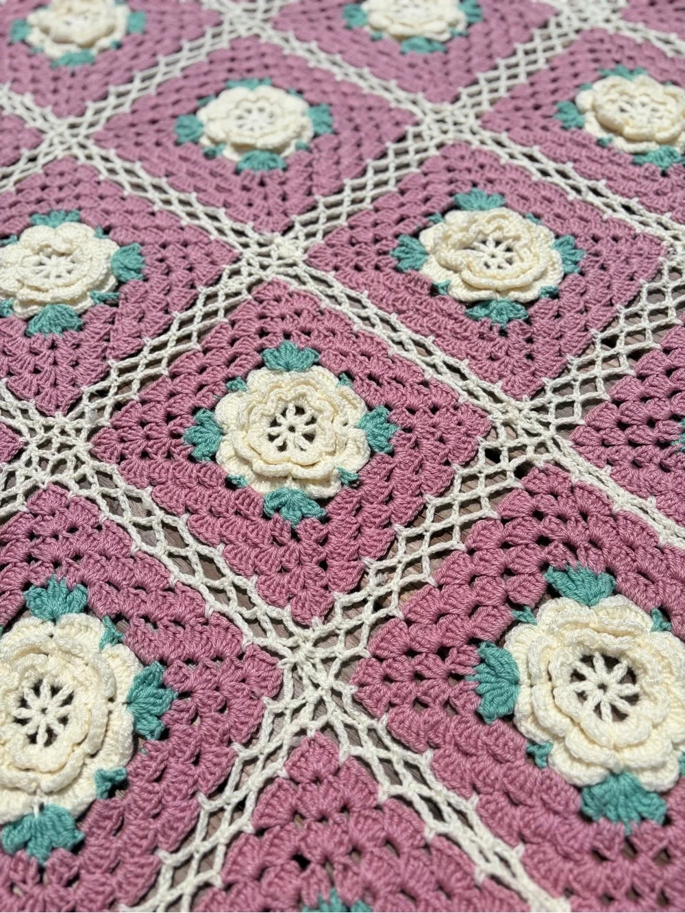 Vintage Crochet Blanket Pink Floral Granny Square Throw 52x60 Cottagecore